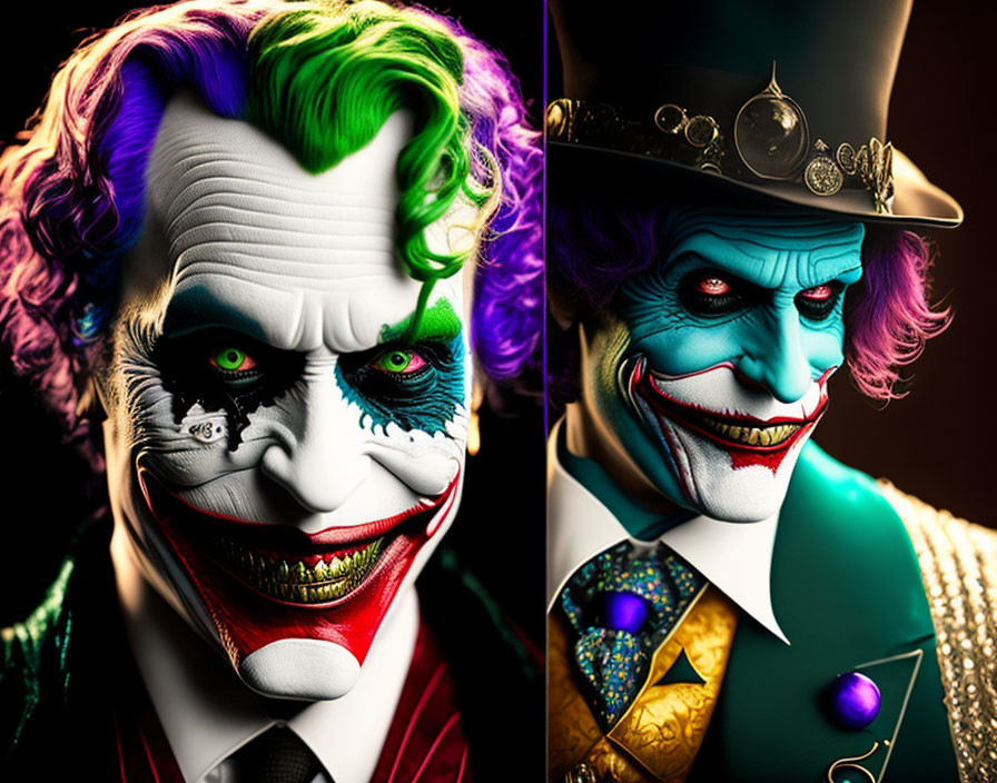 Stylized portraits of Joker with fluorescent green hair and dramatic makeup