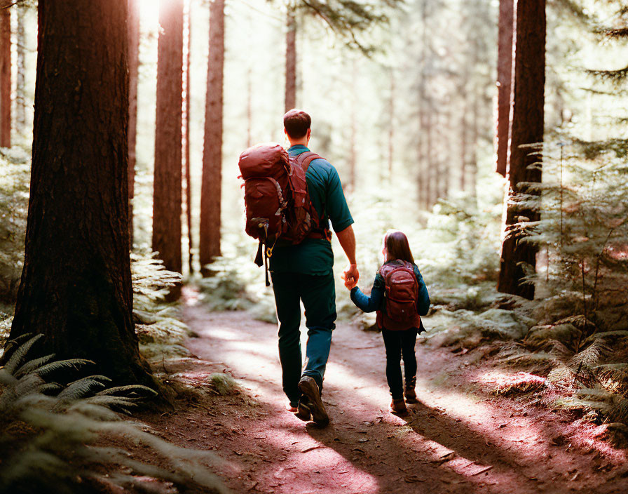 Adult and child walking on forest path under sunlight amid tall trees