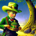 Young boy in green coat and oversized hat holding golden goblet against snowy landscape