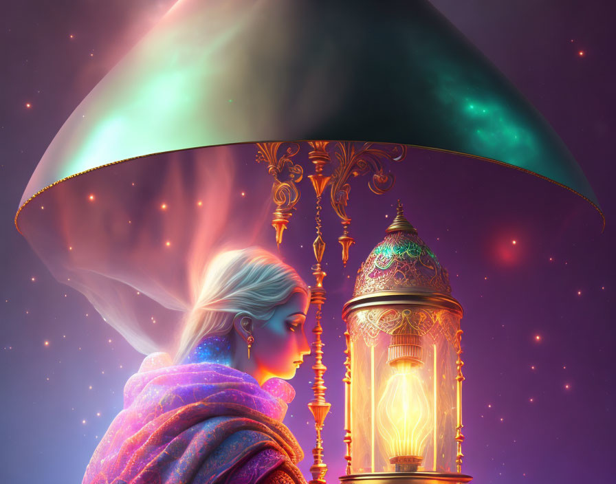 Fantasy illustration of woman with glowing skin holding ornate lantern under cosmic sky