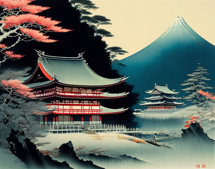 Stylized painting featuring Mount Fuji, red pagoda, cherry blossoms, pine trees, and