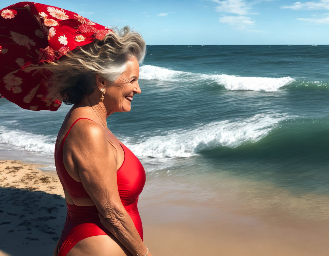 Smiling woman in red swimsuit on sunny beach with parasol