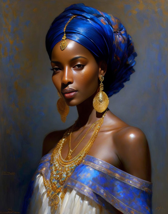 Elegant woman in blue headscarf and gold jewelry portrait.