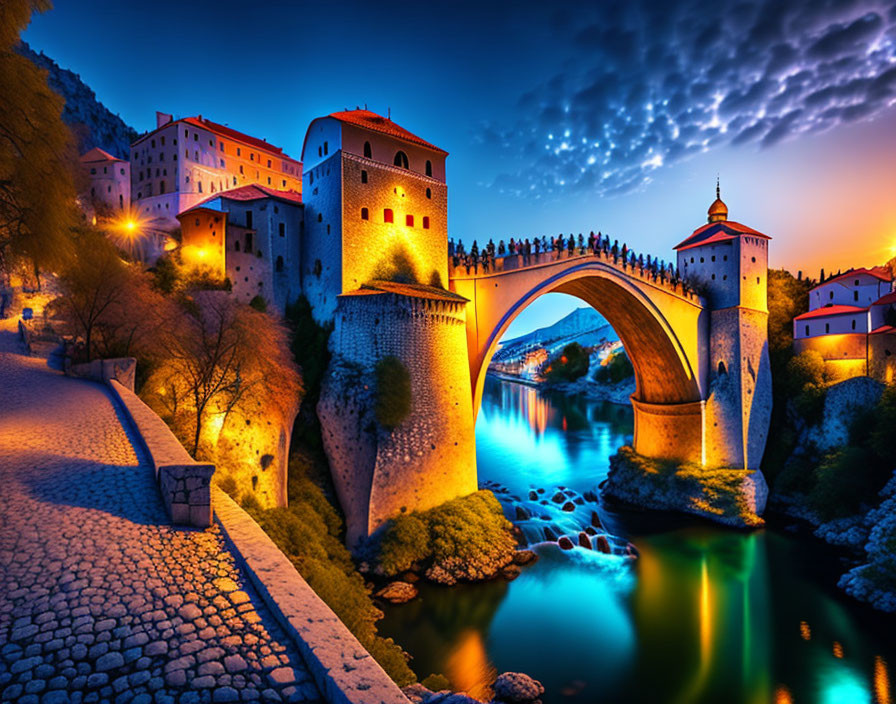 Stone bridge over tranquil river at dusk with historic buildings and dramatic sky