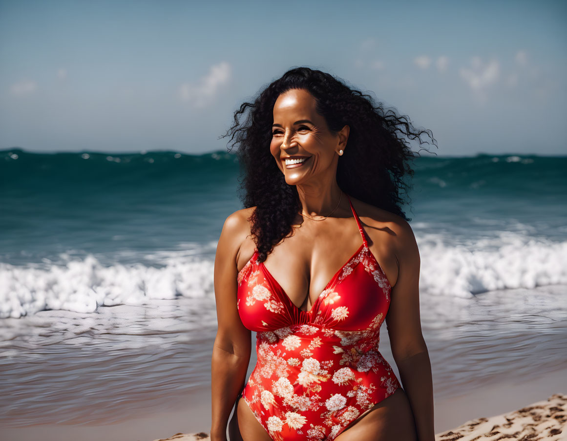 Curly-Haired Woman in Red Floral Swimsuit on Sunny Beach