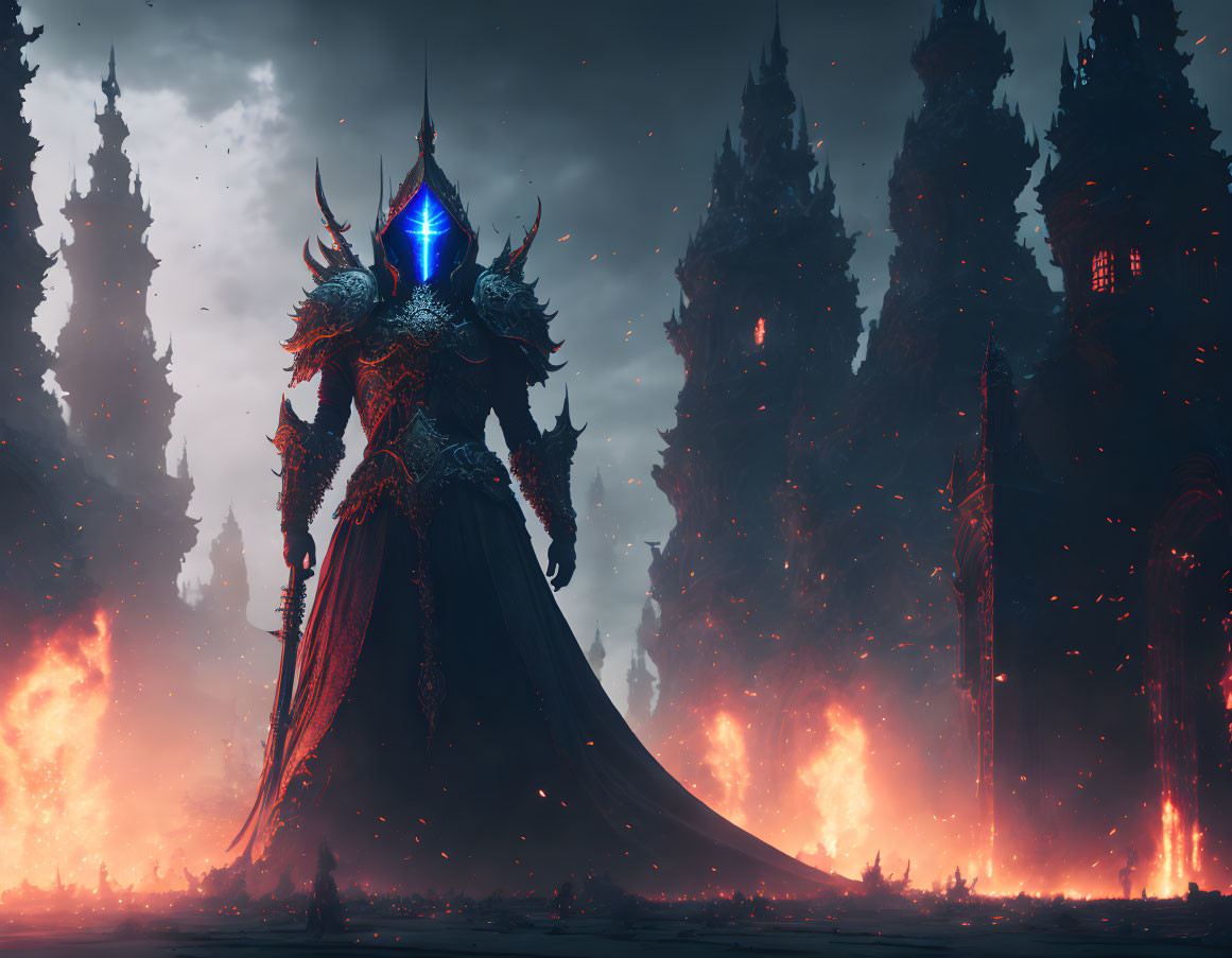 Armored figure in fiery landscape with towering spires