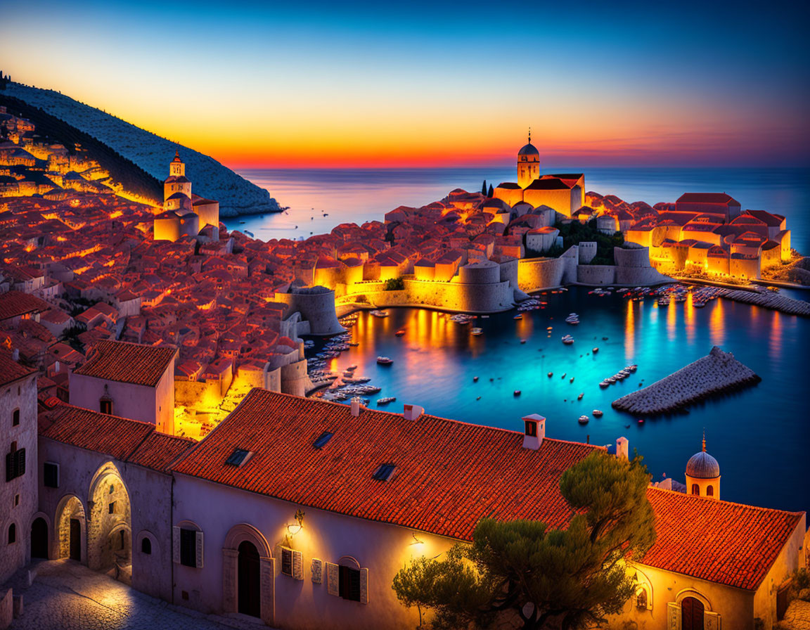 Twilight coastal town: orange roofs, historic buildings, calm sea, vibrant sunset sky