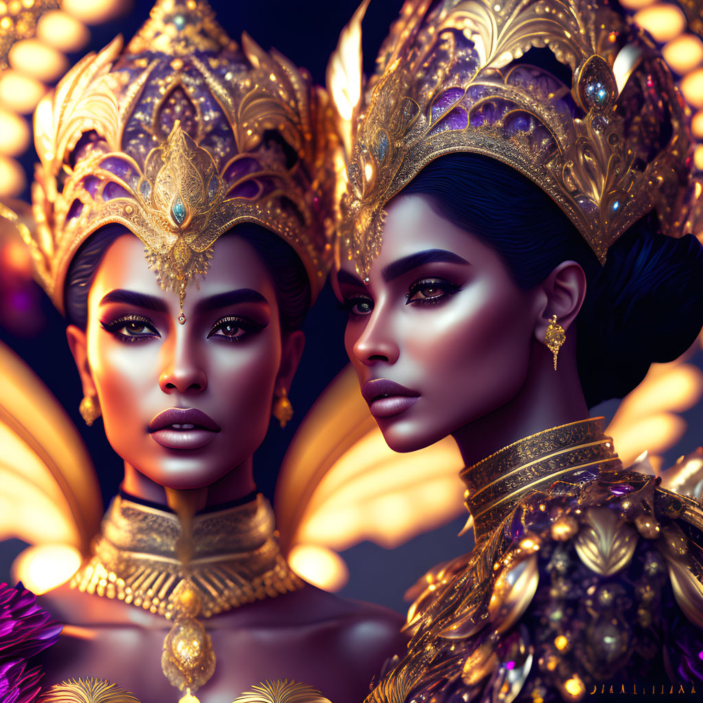 Women in elaborate golden headdresses and jewelry with dramatic makeup on purple backdrop