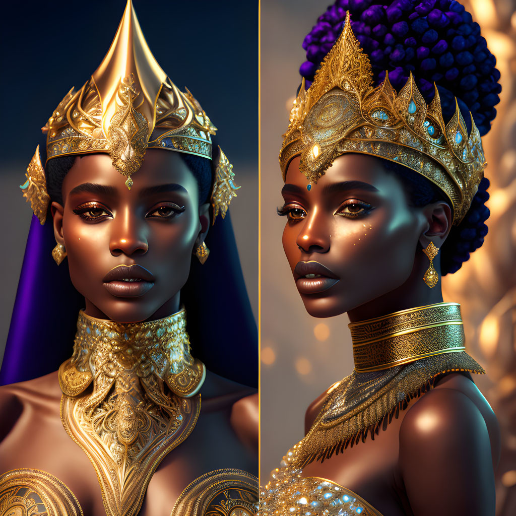 Regal Woman Portraits with Golden Headdresses on Deep Blue Background