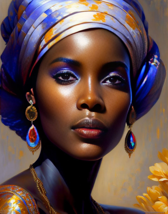 Woman with Blue Eyeshadow and Headwrap on Warm Background