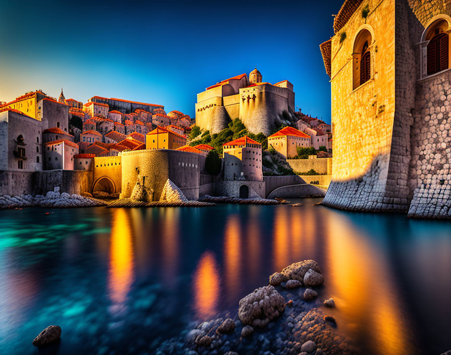 Historic coastal city at dusk with illuminated stone buildings reflected in water