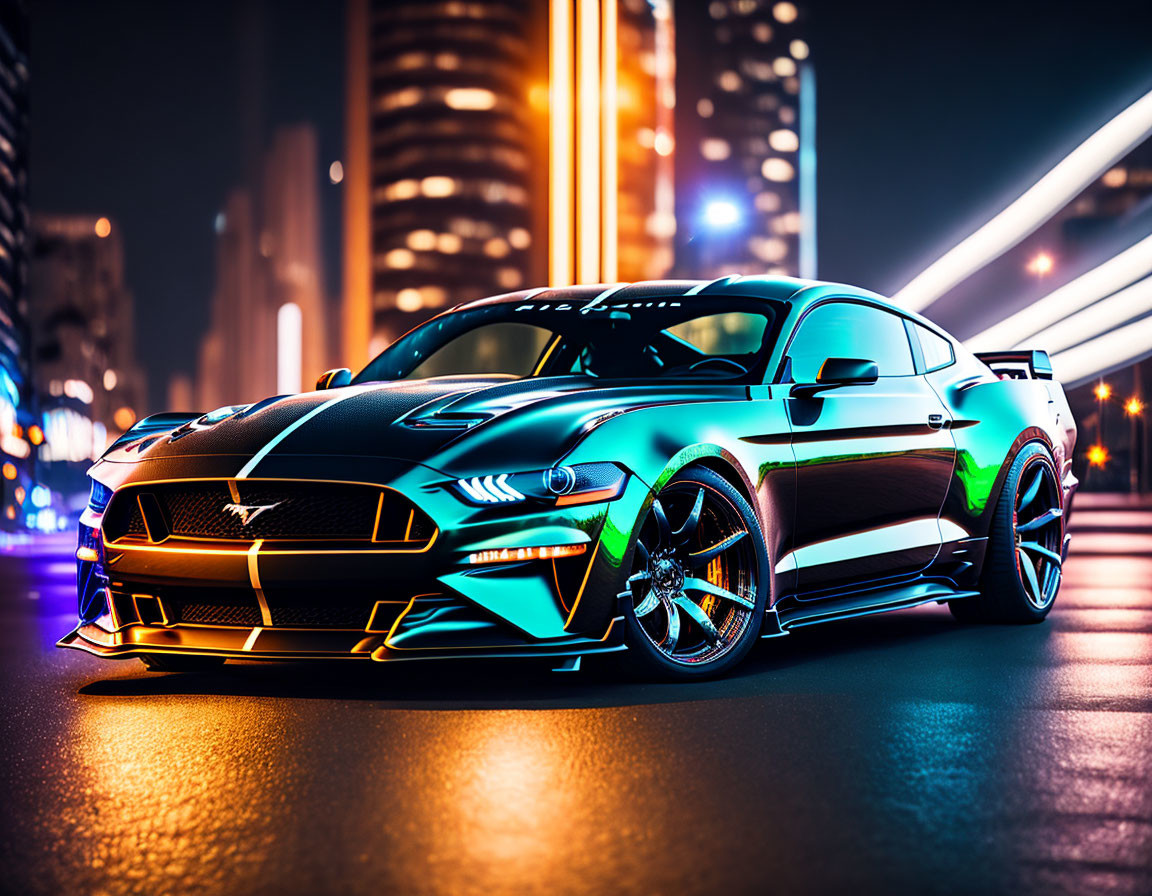 Modified Ford Mustang with neon highlights in city street at night