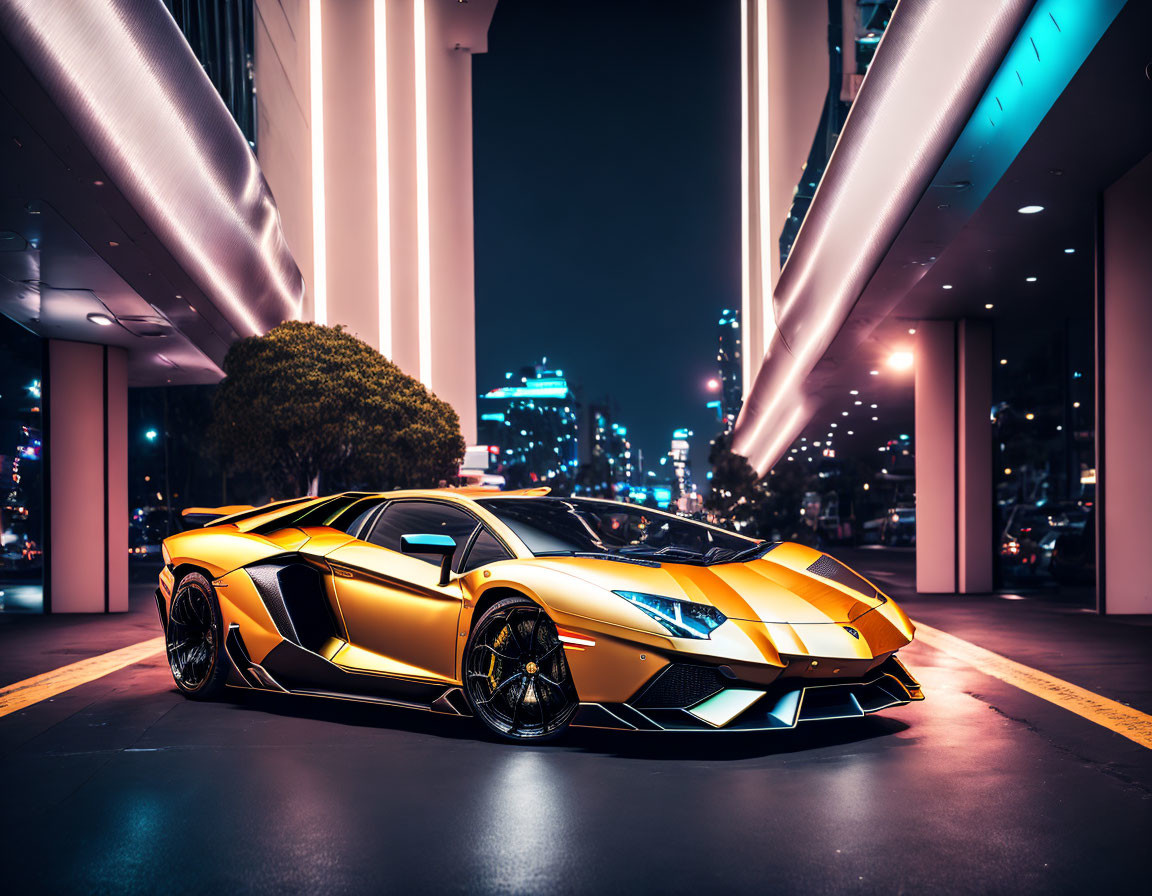 Luxurious golden Lamborghini Aventador on neon-lit city street