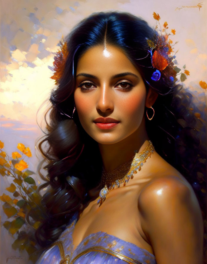 Digital painting of woman with dark hair and floral adornments, wearing gold jewelry.