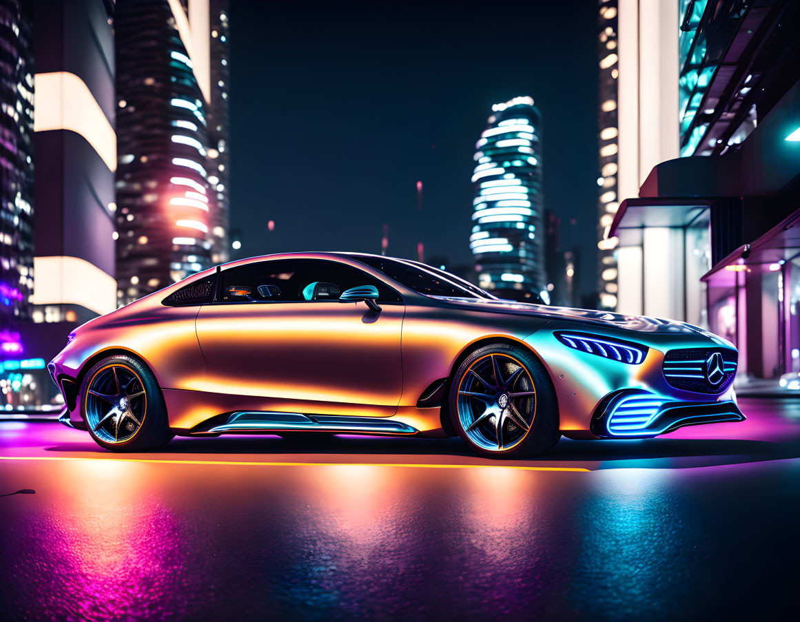 Golden sports car parked at night with neon city lights