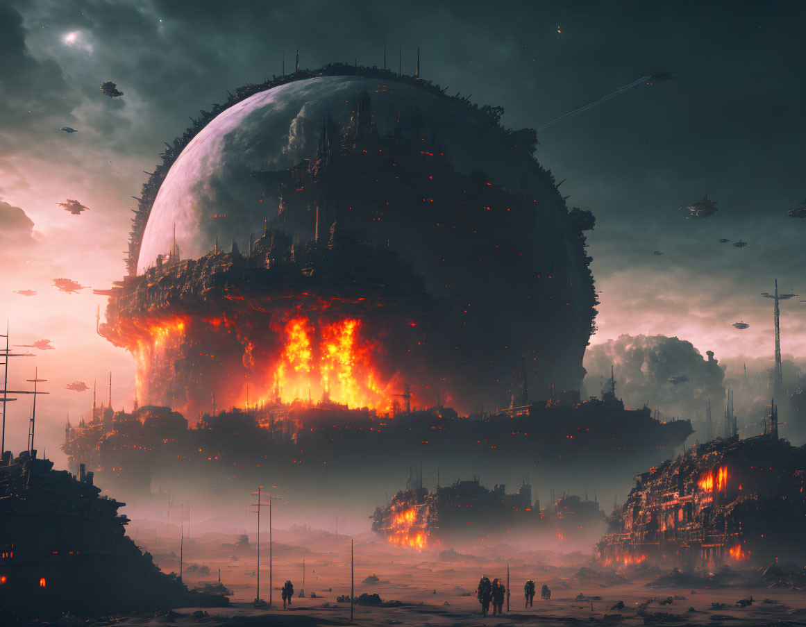 Dystopian scene with burning spherical structure and flying vessels