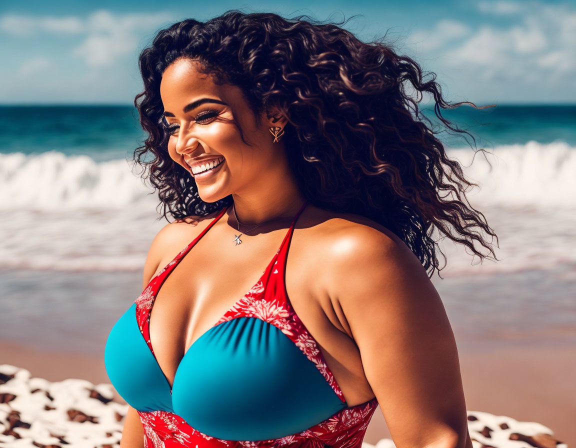 Smiling woman in blue and red swimsuit on sunny beach