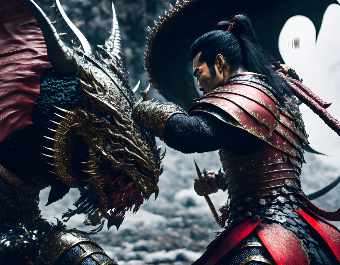 Warrior in Red Armor Battles Fearsome Dragon on Dark Stone Background