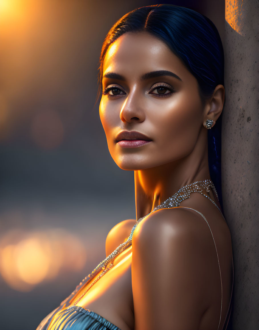 Dark-haired woman in off-shoulder dress leaning against wall with warm backlighting