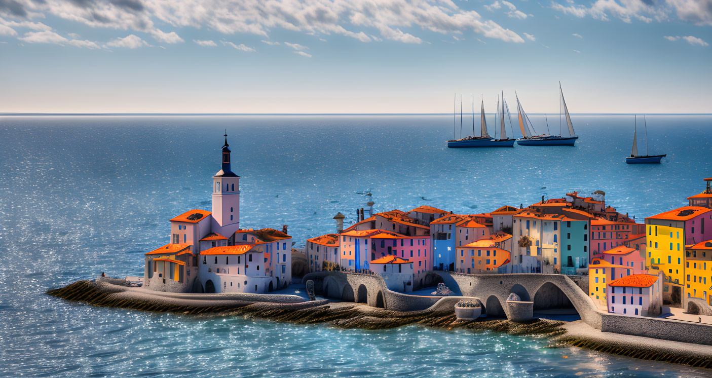 Picturesque Coastal Town with Colorful Buildings, Lighthouse, Arched Bridge, and Sailboats