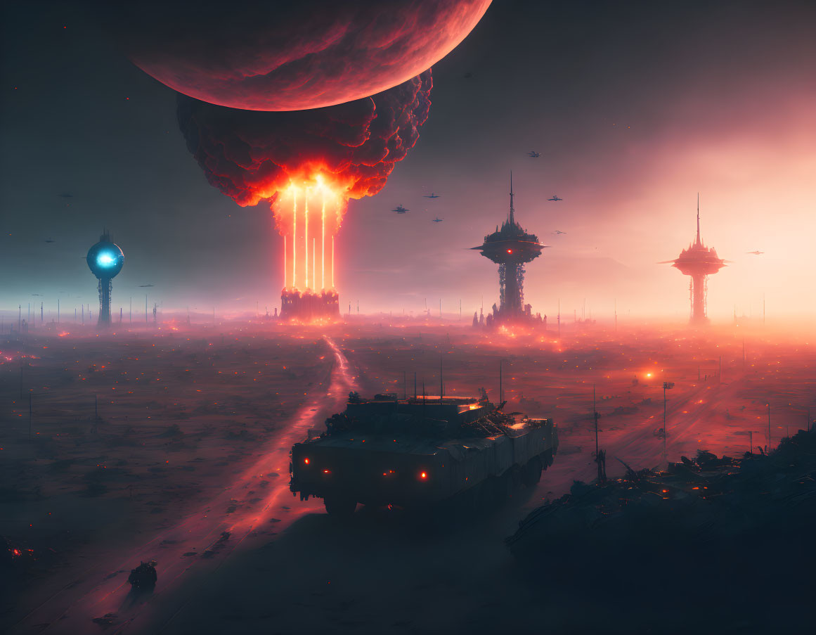 Futuristic landscape with large vehicle, towering structures, explosions, giant planet