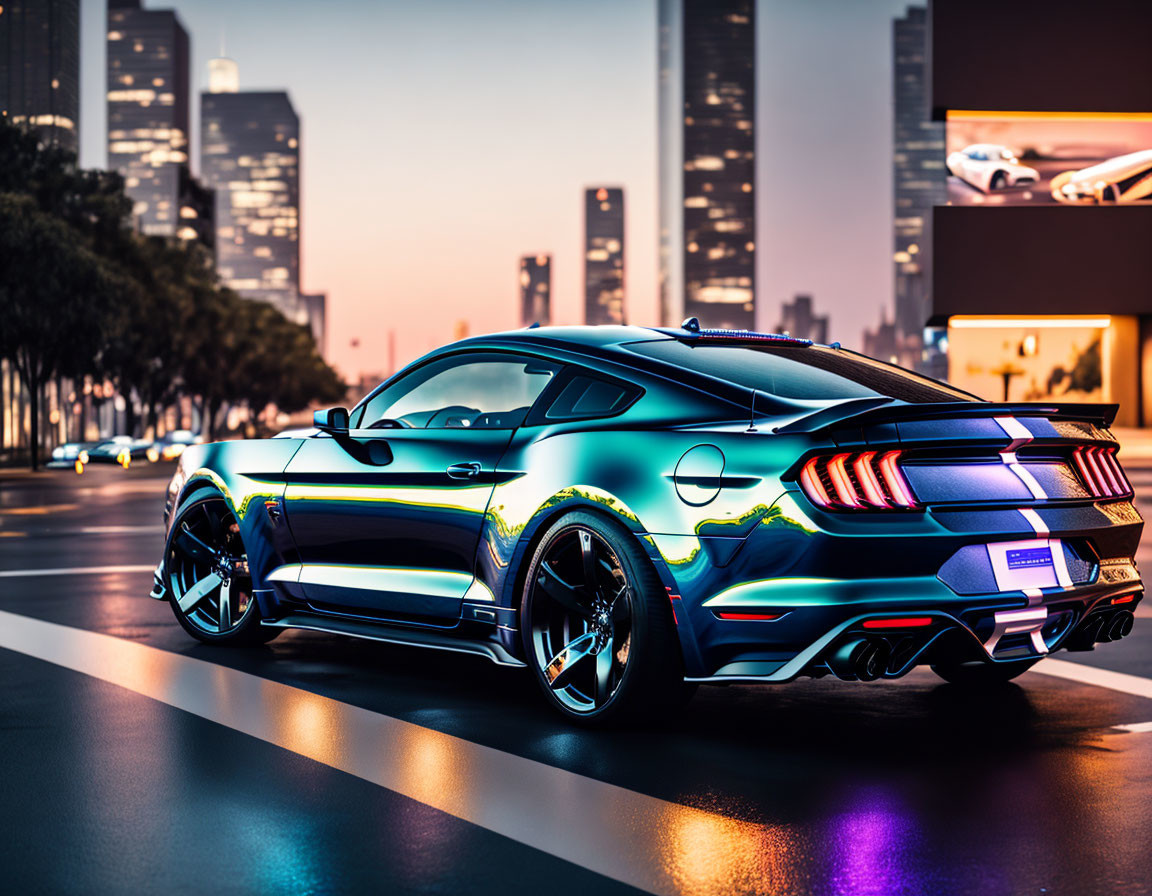 Metallic blue sports car with racing stripes on city street at dusk.