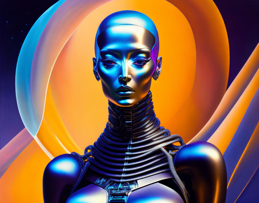 Futuristic metallic humanoid on vibrant orange and blue background