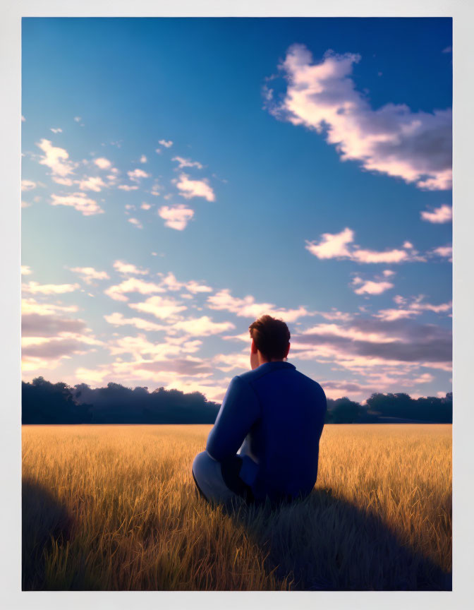 Person Contemplating Sunset Sky in Golden Field