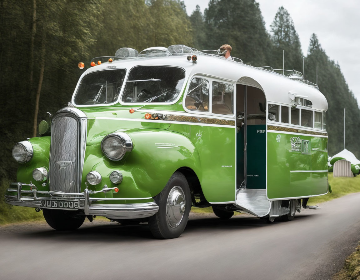 Vintage Green and White Bus with Panoramic Windows and Chrome Details Driving on Road