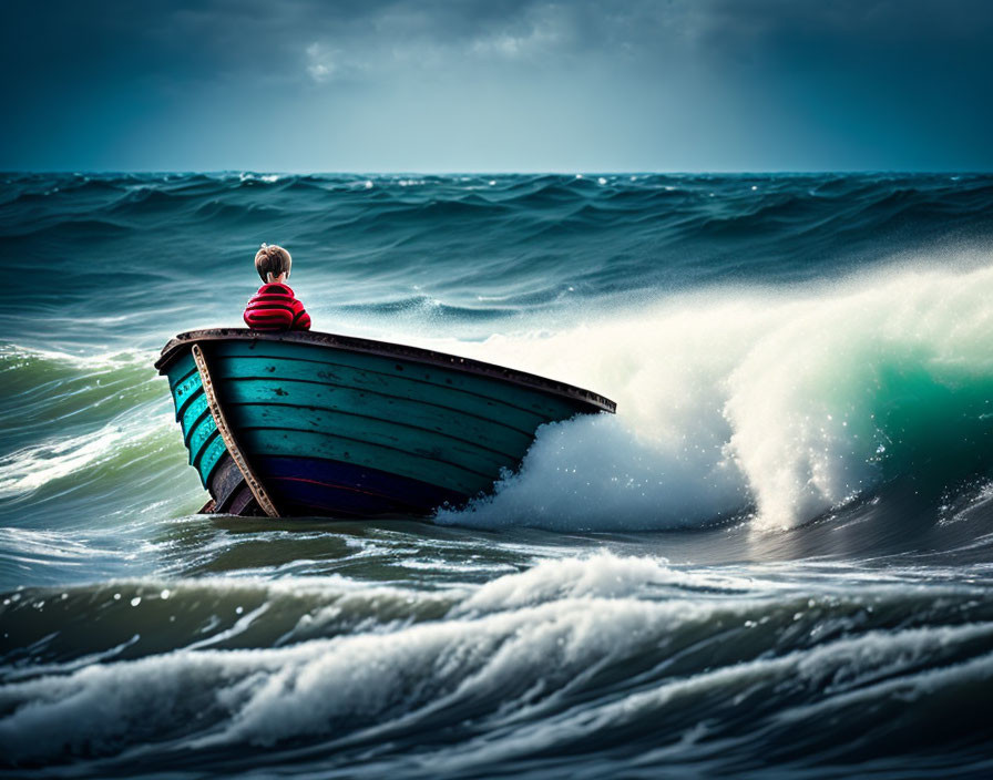 Person in red and white shirt in blue boat faces stormy waves under turbulent sky