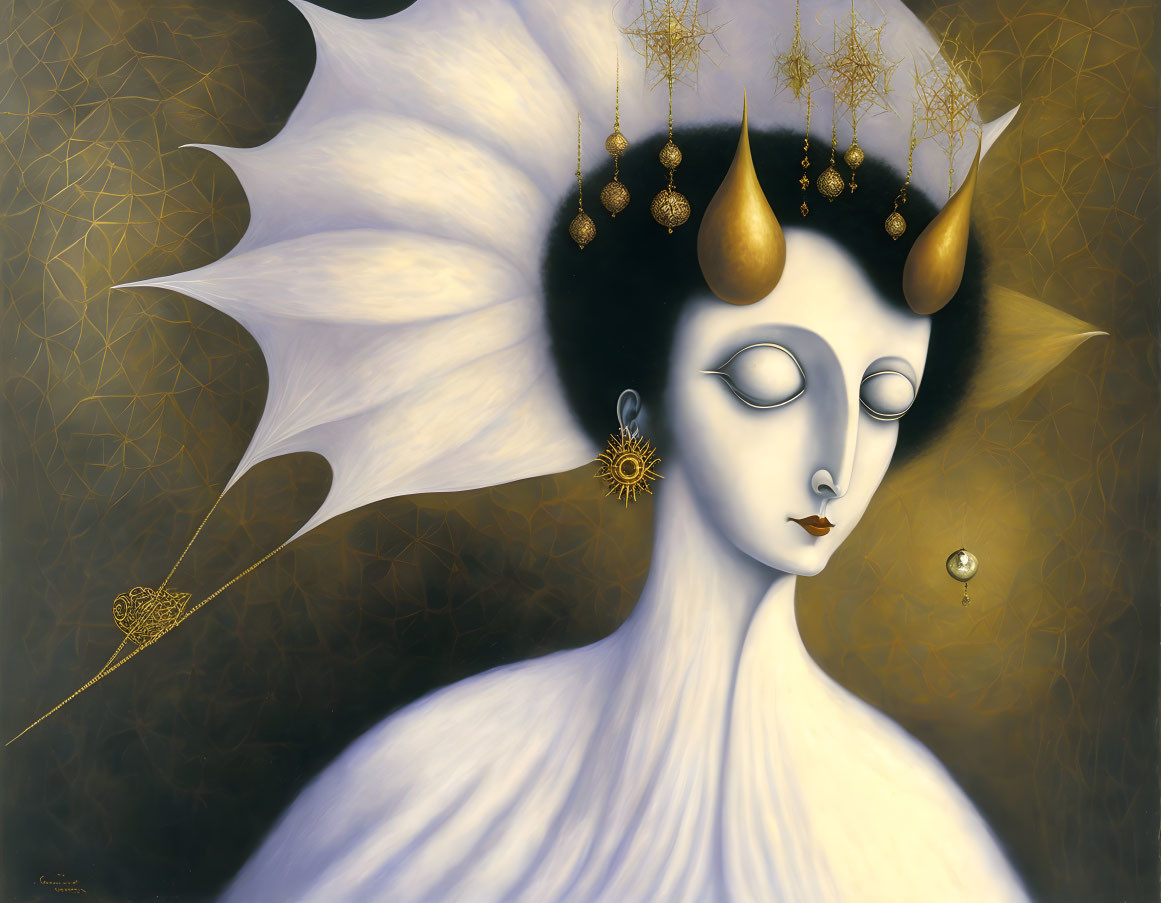 Ethereal figure with pale skin and golden horned headpiece on golden backdrop