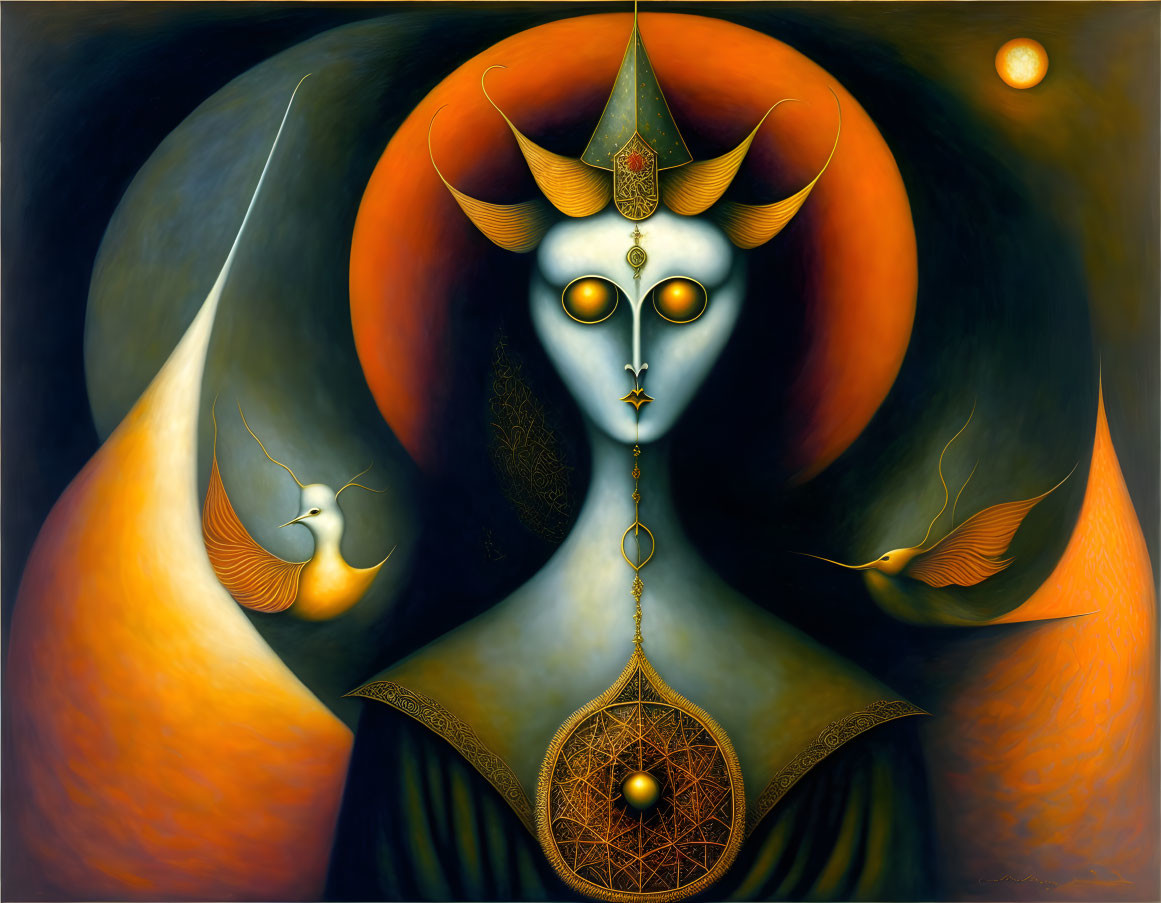 Surreal painting of mystical figure with horns and birds