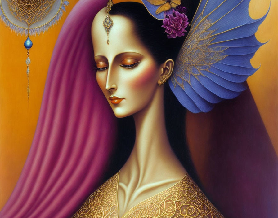 Surreal portrait of a woman with elongated features and butterfly wings