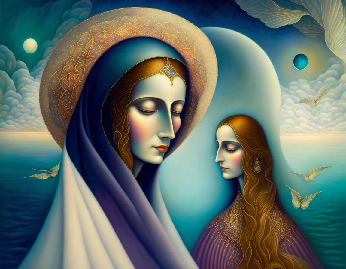 Surreal image of serene female figures with elongated faces, halo, birds, moons, and