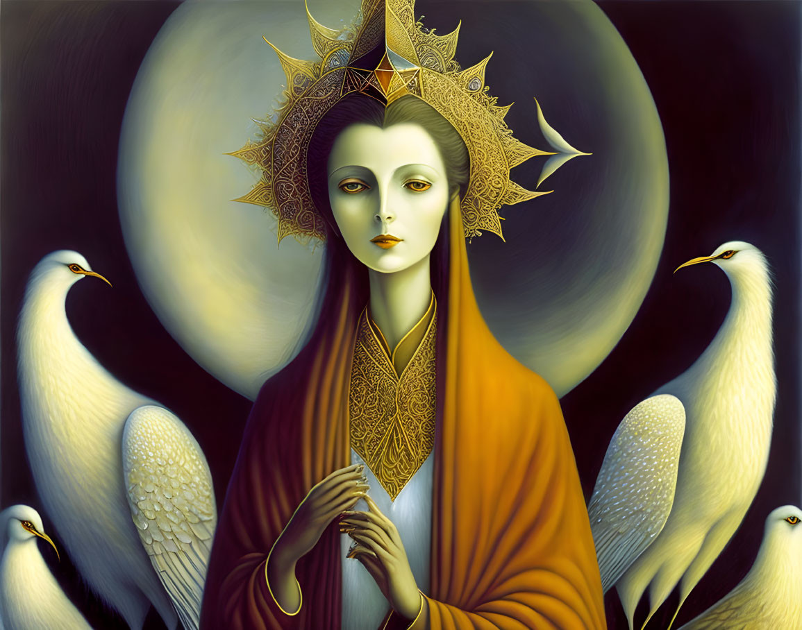 Surreal portrait of pale figure with sun halo in gold robe surrounded by white birds