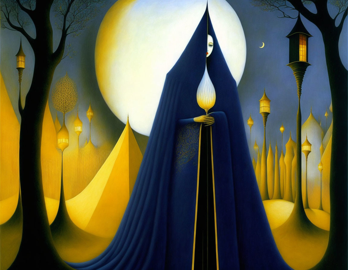 Surreal moonlit scene with cloaked figure and spired structures