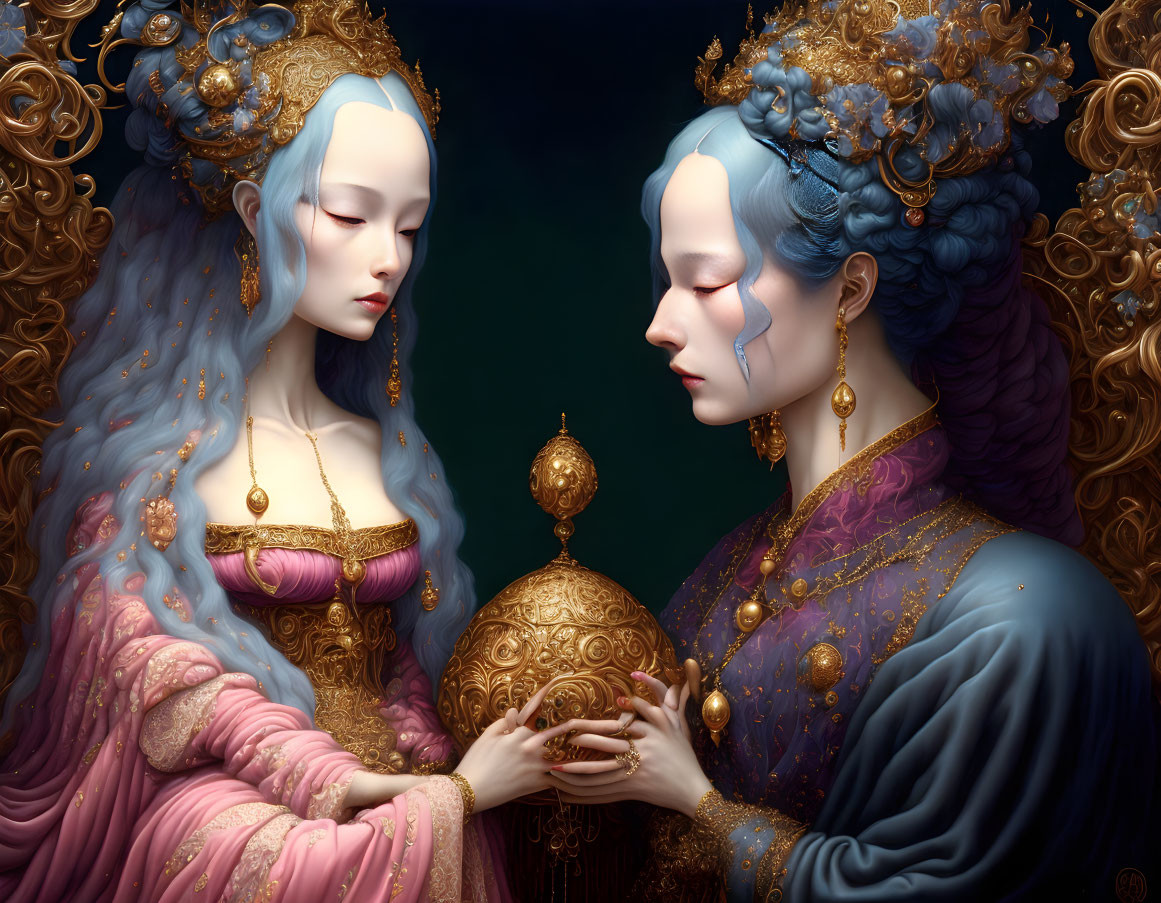 Intricately adorned fantasy figures with golden sphere in regal attire