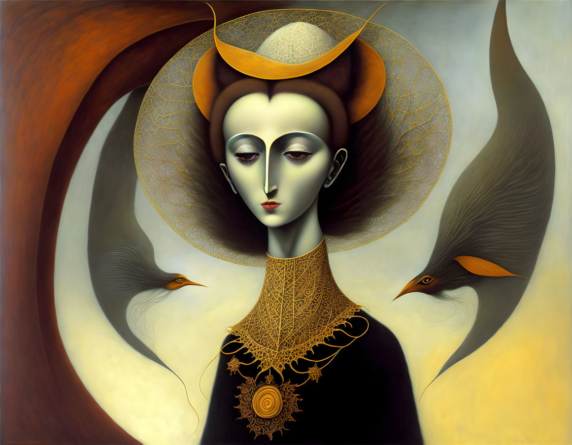 Surrealist painting: Elongated neck, ornate headdress, stylized birds on warm