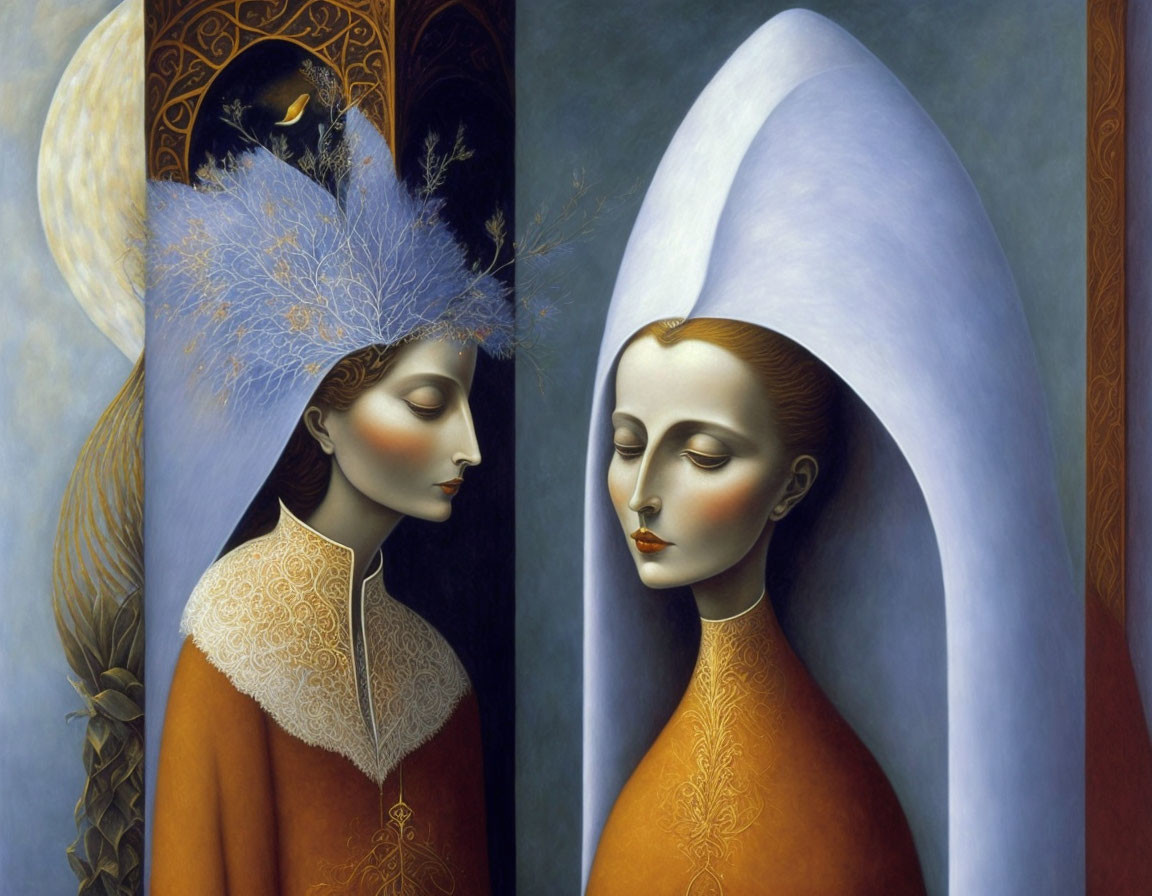 Stylized female figures with elongated headwear and intricate clothing on ornate background