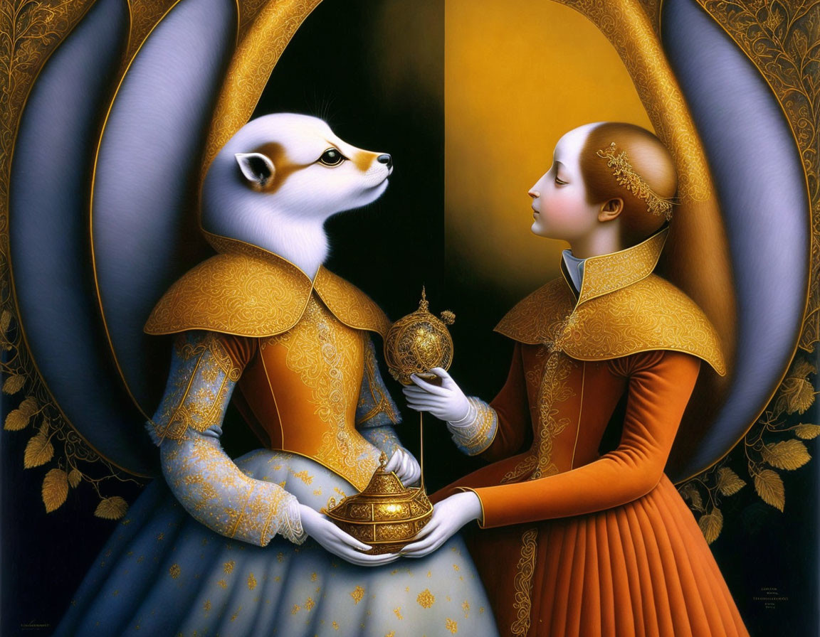 Surreal painting of human-sized ermine and girl with golden orb