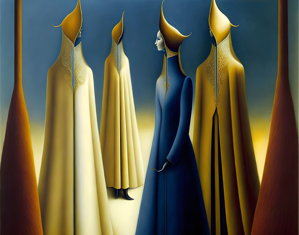 Elegant painting of four figures in flowing gowns with gold patterns