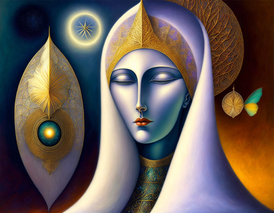 Surreal female figure with ethereal ornaments and celestial backdrop.