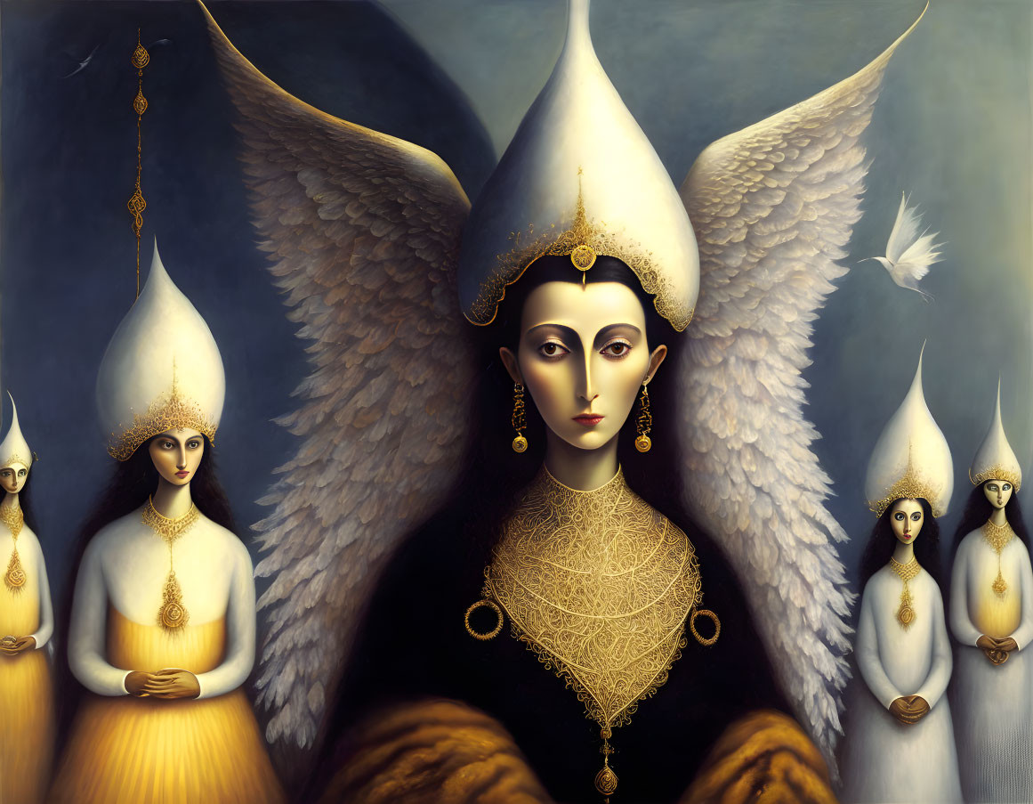 Surreal painting: Figures with elongated faces in golden headdresses and jewelry, dark background with