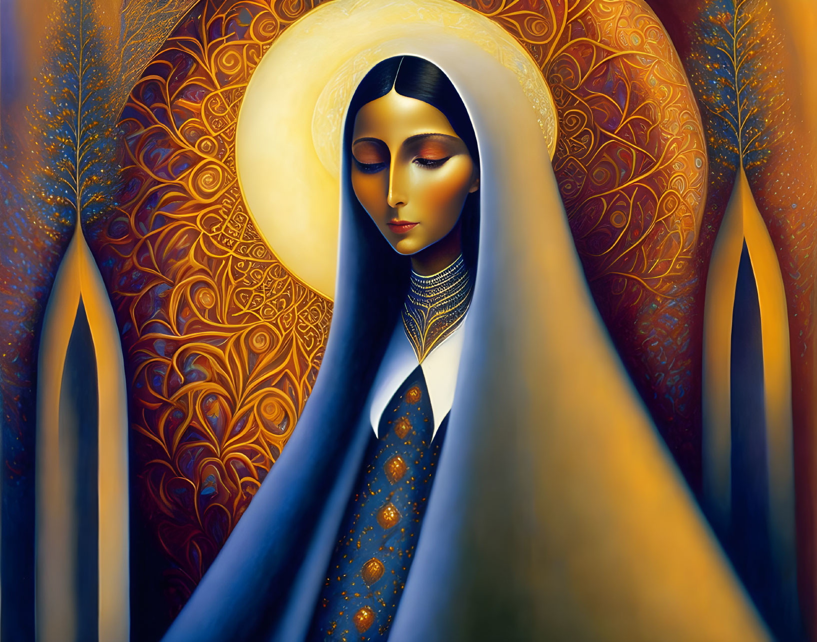 Stylized painting of serene woman in blue cloak with halo, against golden background