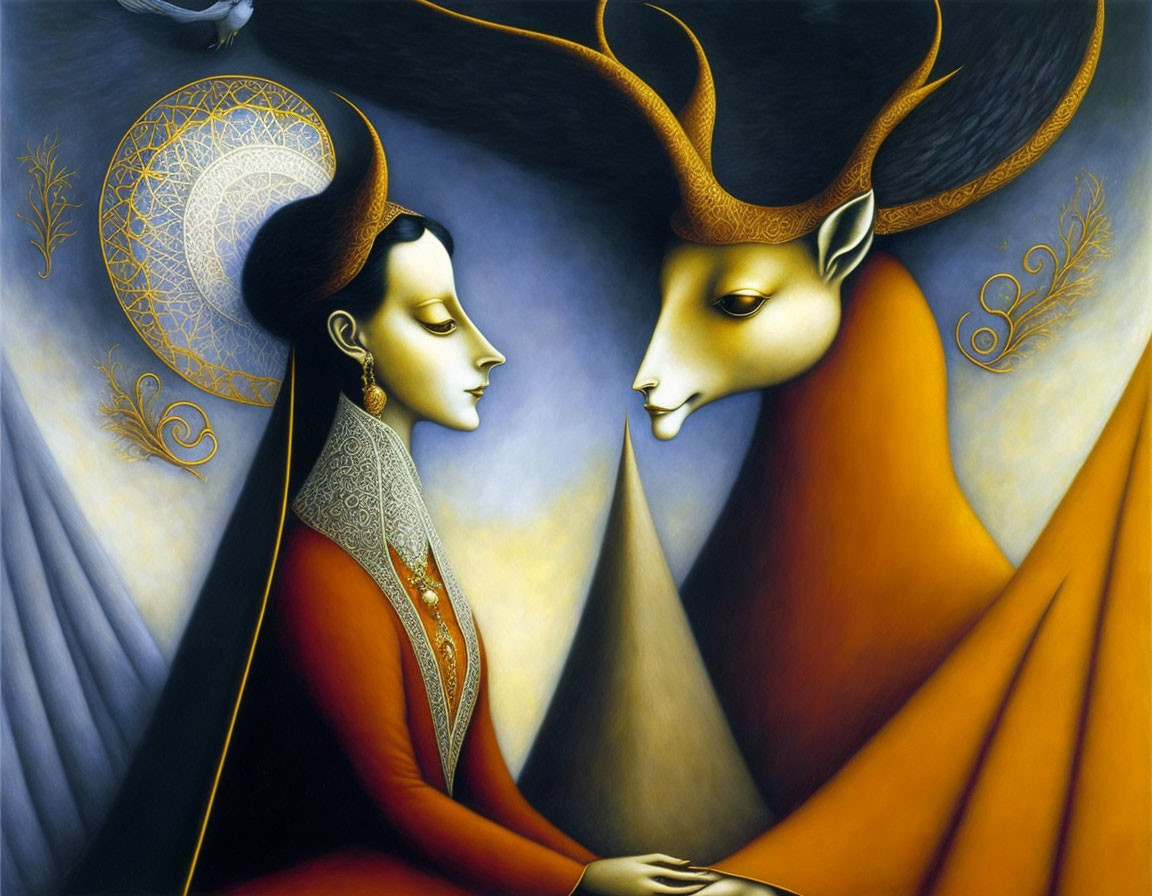 Surreal painting: Woman in golden headdress meets stag with intricate antlers