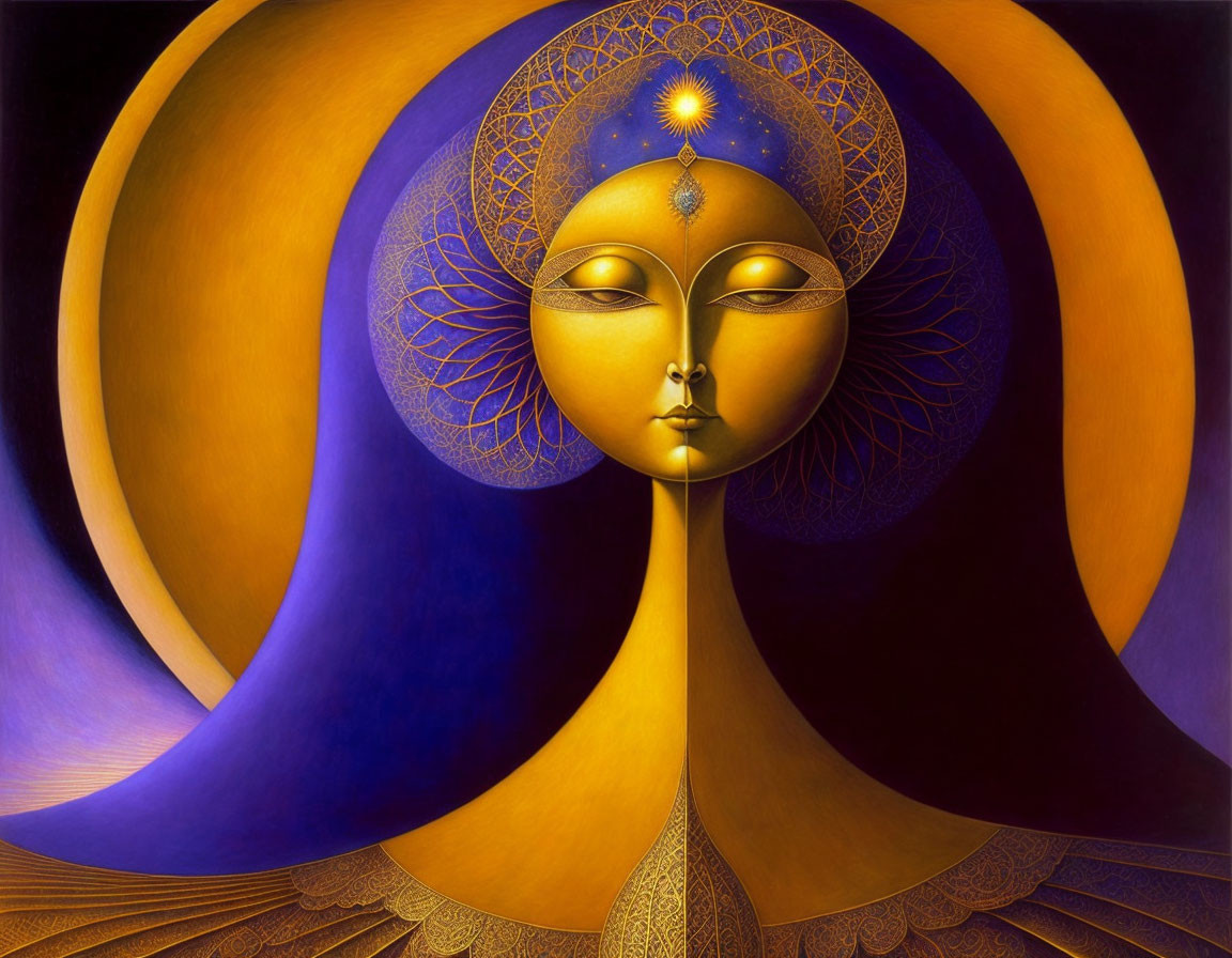 Colorful artwork of serene face with golden and blue patterns