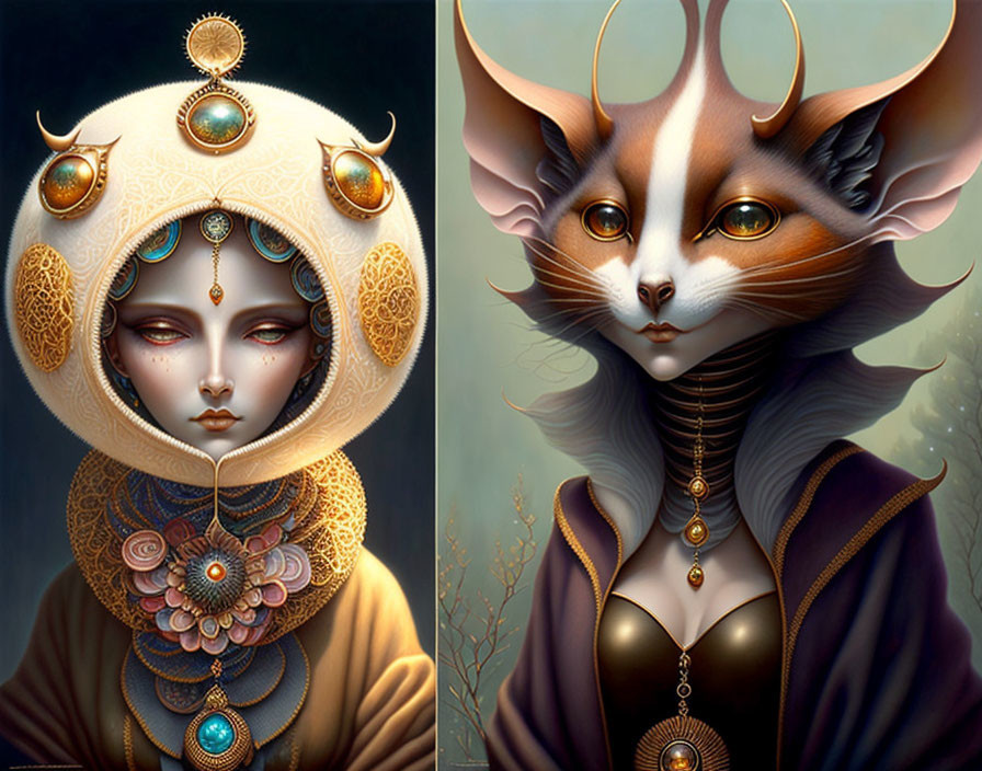 Stylized portraits: ornate gold headpiece vs. feline features