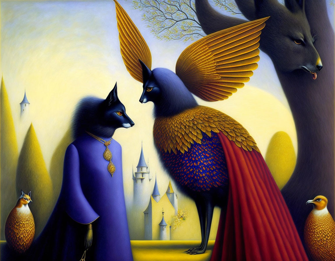 Surreal painting featuring anthropomorphic animals in regal attire