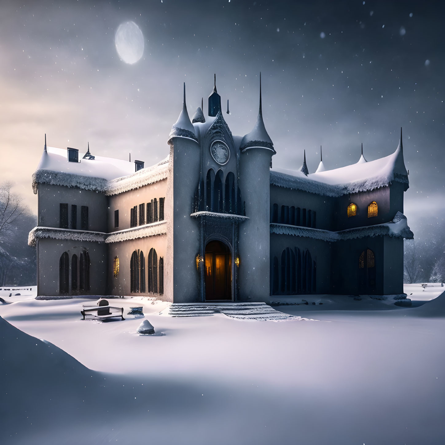 Snow-covered castle at twilight with warm glowing lights and moonlit sky