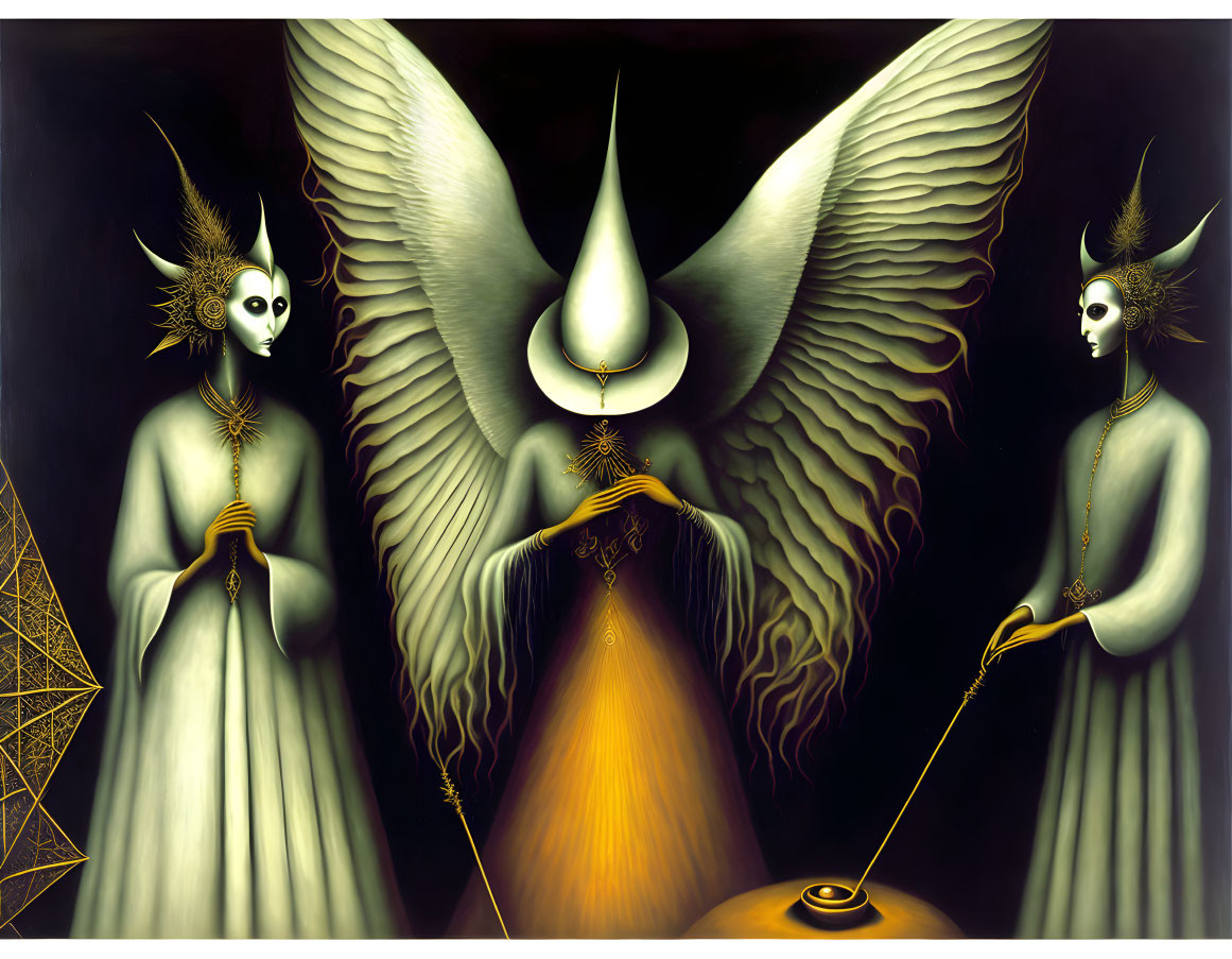 Surreal painting with white-faced figures and winged entity over orange glow